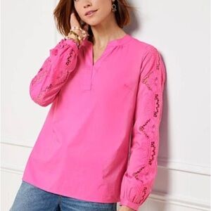 Talbots Embroidered Poplin 100% Cotton Long Sleeve Top Pink Size Large